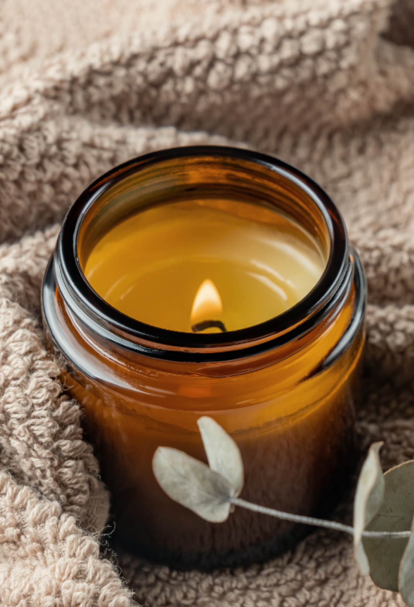 An amber candle nestled in a cream knit blanket with a eucalyptus sprig